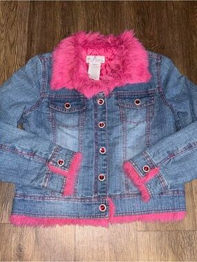90s Pink faux fur denim jacket with quilted interior